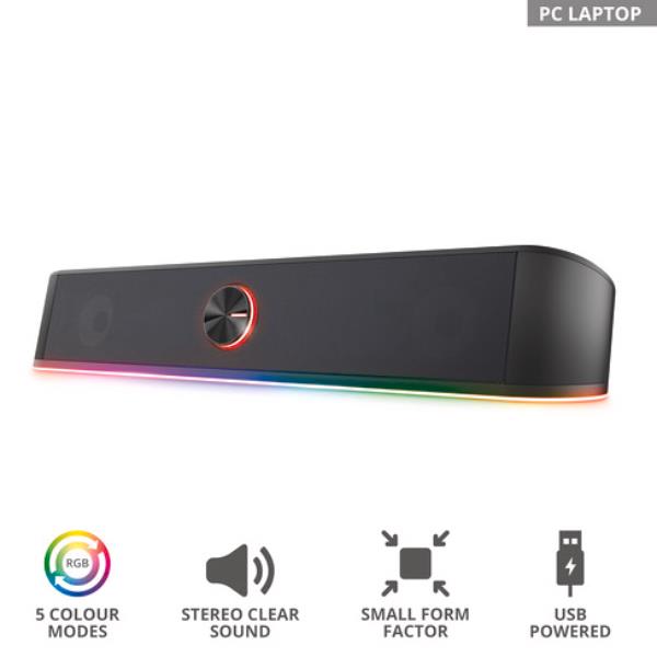 Soundbar stereo gaming illuminata RGB, Trust GXT 619 Thorne, design salvaspazio, colore nero. 8713439240078 | initpc.it