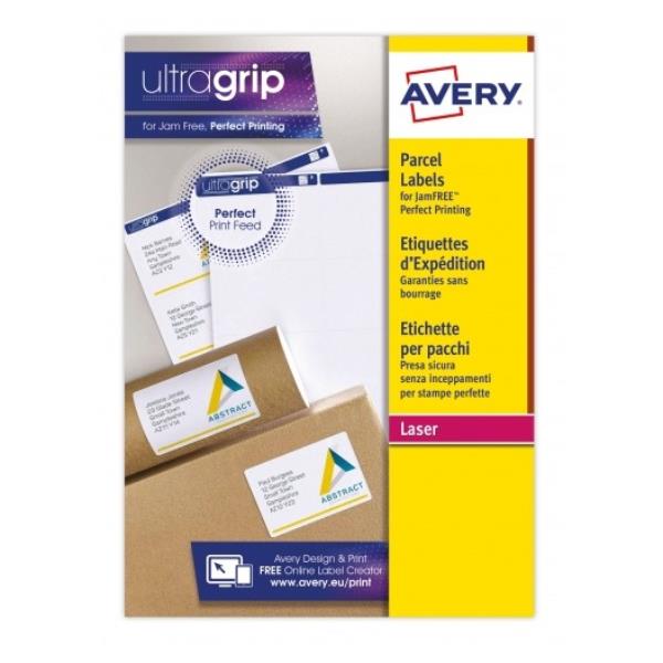 Etichette adesive ultragrip stampabili da 99,1x139 mm, 4 etichette per foglio, bianche, utilizzabili con stampanti laser, marca Avery. 5014702086700 | initpc.it