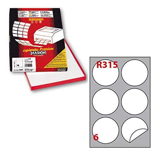 Etichetta adesiva R315 - permanente - tonda D 85 mm - 6 etichette per foglio - bianco - Markin - scatola 100 fogli A4