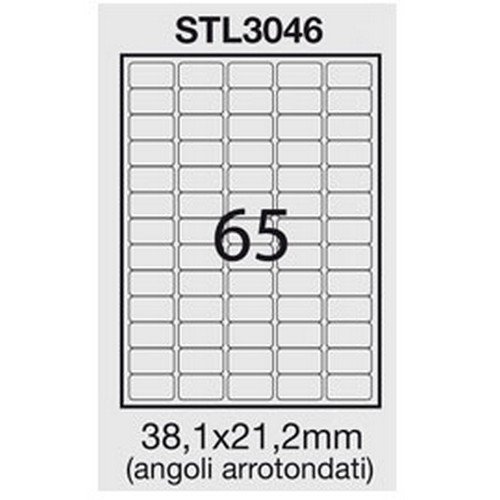 Etichetta adesiva - permanente - 38,1x21,2 mm - angoli tondi - 65 etichette per foglio - bianco - Starline - conf. 100 fogli A4