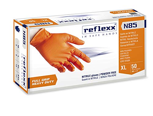 Guanti in nitrile N85 - ultra resistenti, taglia XL, colore arancione, prodotto Reflexx, confezione da 50 pezzi. 8032891633816 | initpc.it