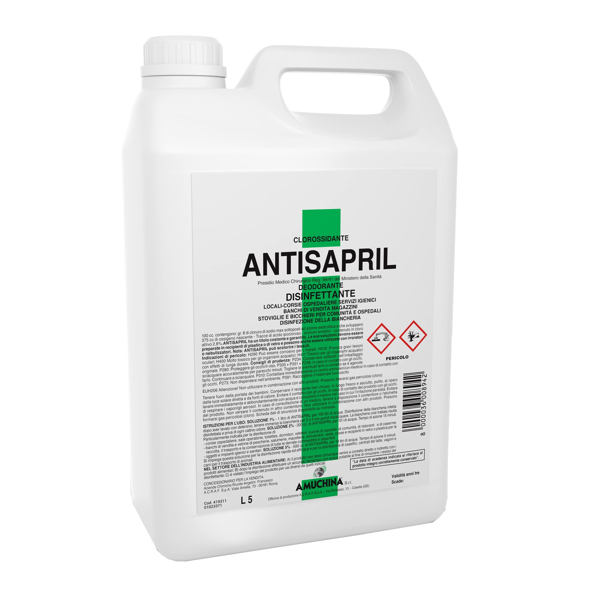 Disinfettante antisapril battericida da 5 litri, marchio Amuchina Professional, utilizzato per la pulizia e l'igiene in ambienti pubblici e privati. 8000036008942 | initpc.it