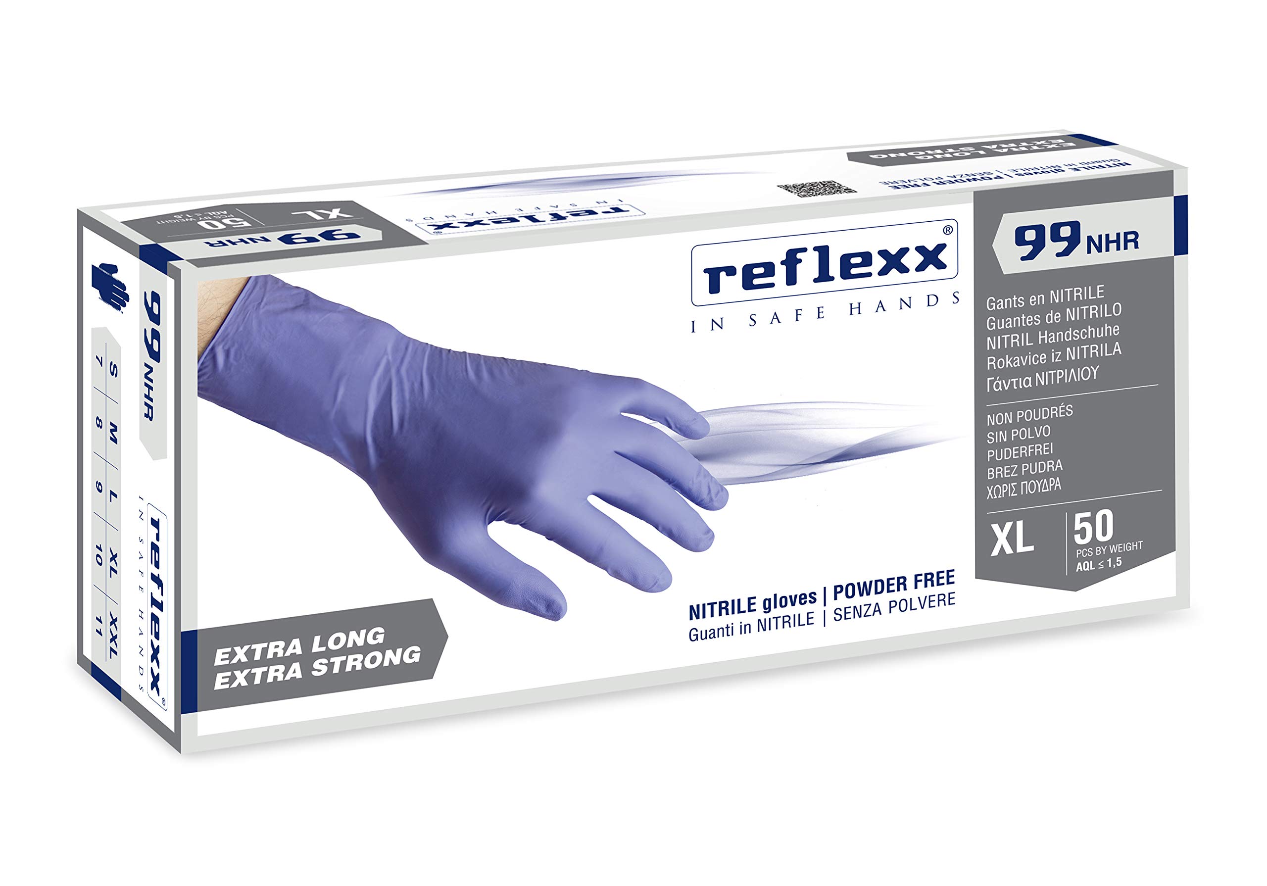 Guanti in nitrile ultra resistenti R99, manichetta lunga, taglia XXL, colore indaco, marca Reflexx, confezione da 50 pezzi. 8032891632079 | initpc.it