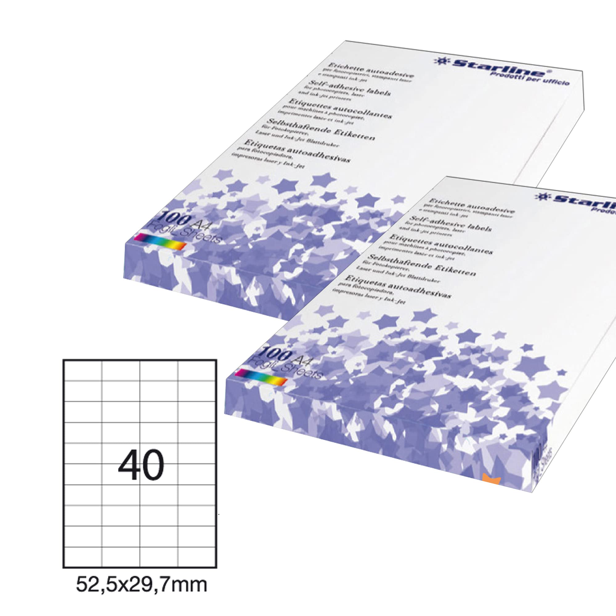 Etichetta adesiva permanente da 52,5x29,7 mm, colore bianco, con 40 etiquette per ogni foglio, compreso in un pacchetto di 100 fogli A4 di Starline. 8025133013682 | initpc.it