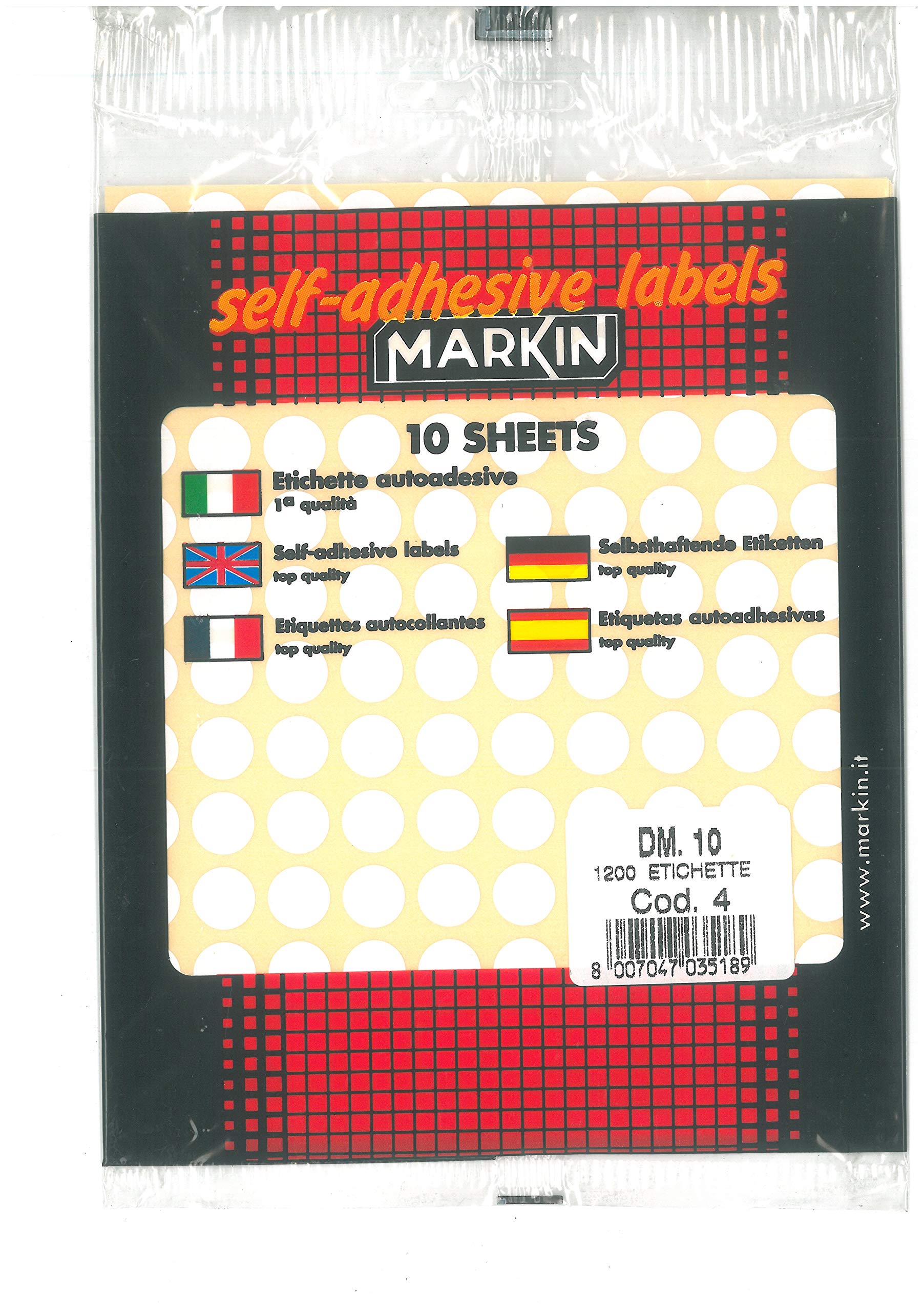 Etichetta adesiva - permanente -  tonda D 10 mm - 120 etichette per foglio - bianco - 10 fogli per confezione - Markin