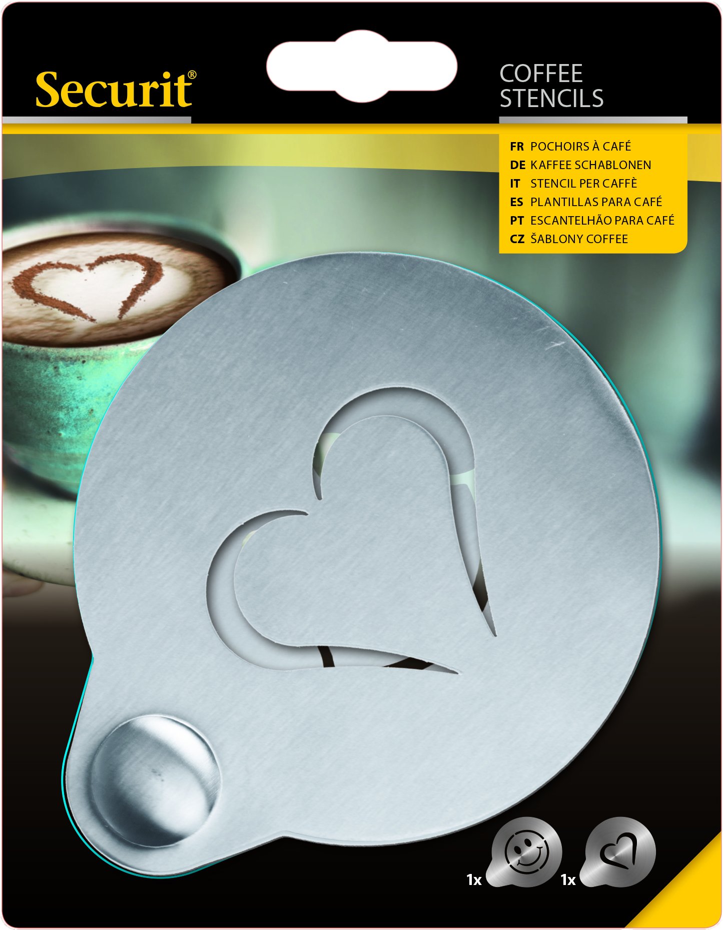 Stencil per caffE' - 10 x 12,4 x 0,1 cm - forma cuore e smile - Securit - set 2 pezzi