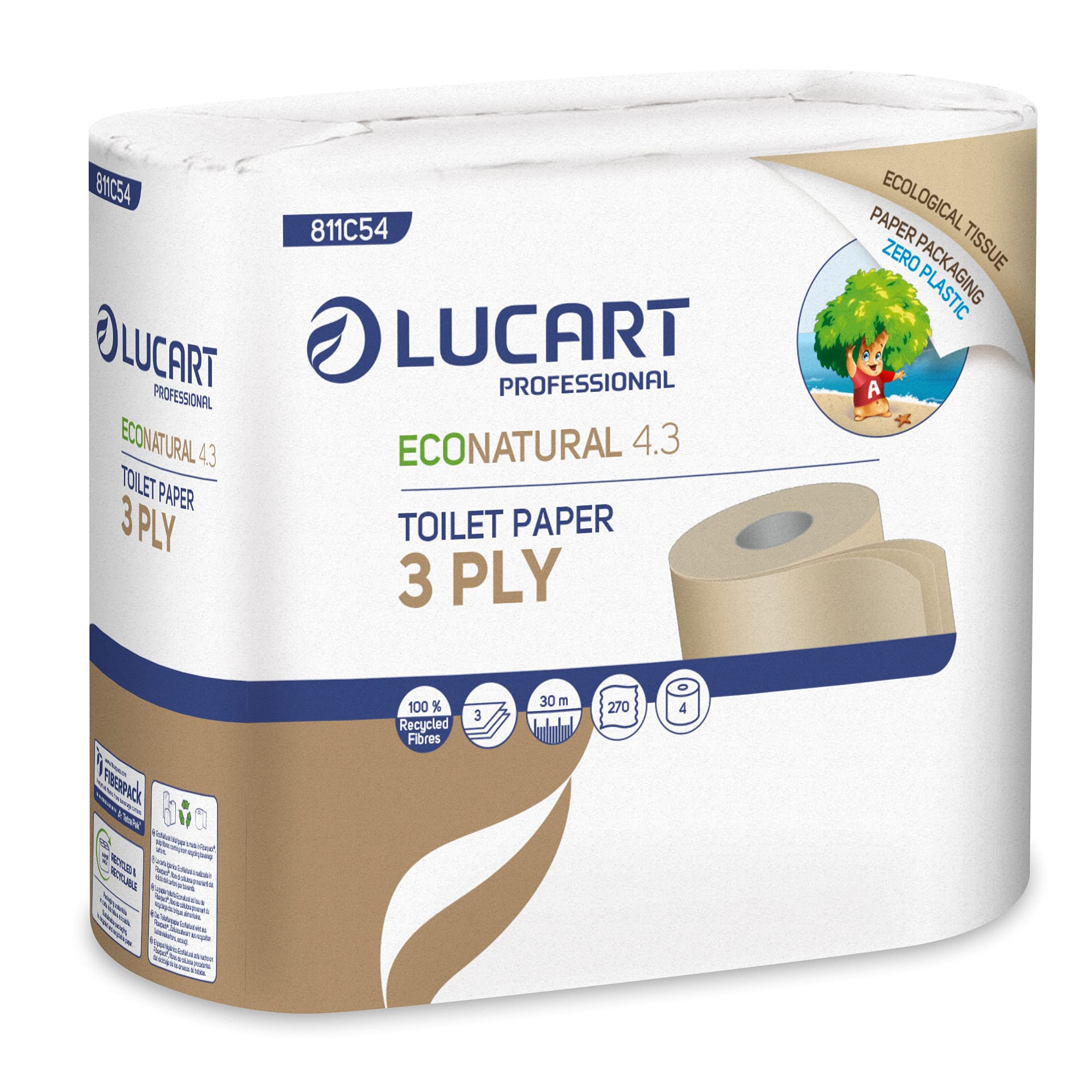 Carta igienica ecosostenibile di alta qualità, senza plastica. Ogni pacchetto contiene 4 rotoli da 270 strappi ciascuno. 8059399001022 | initpc.it