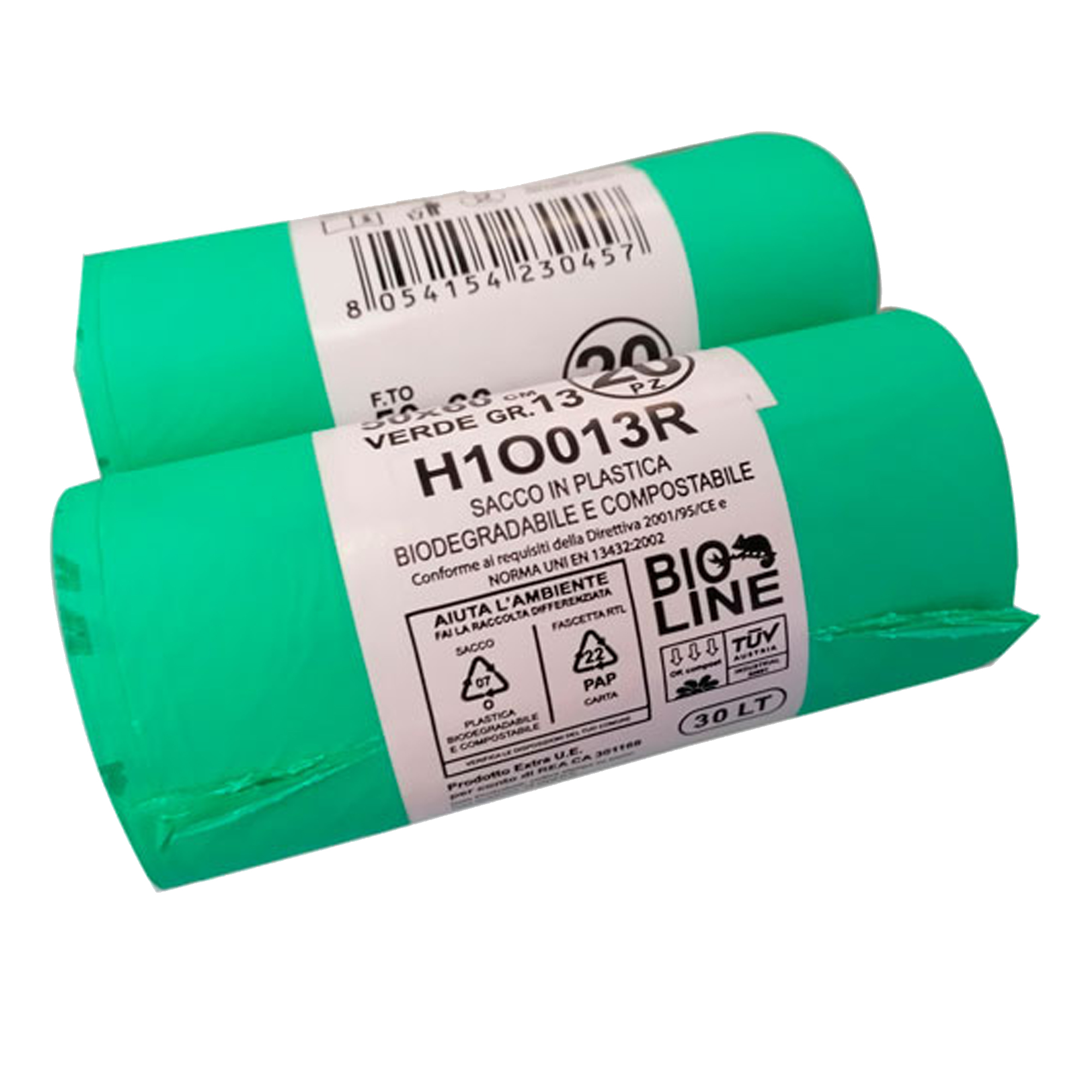 Sacchi biodegradabili con misura 50x60cm, capacità di 30L e grana 17 micron, colore verde, confezione da 20 pezzi 8054154230457 | initpc.it