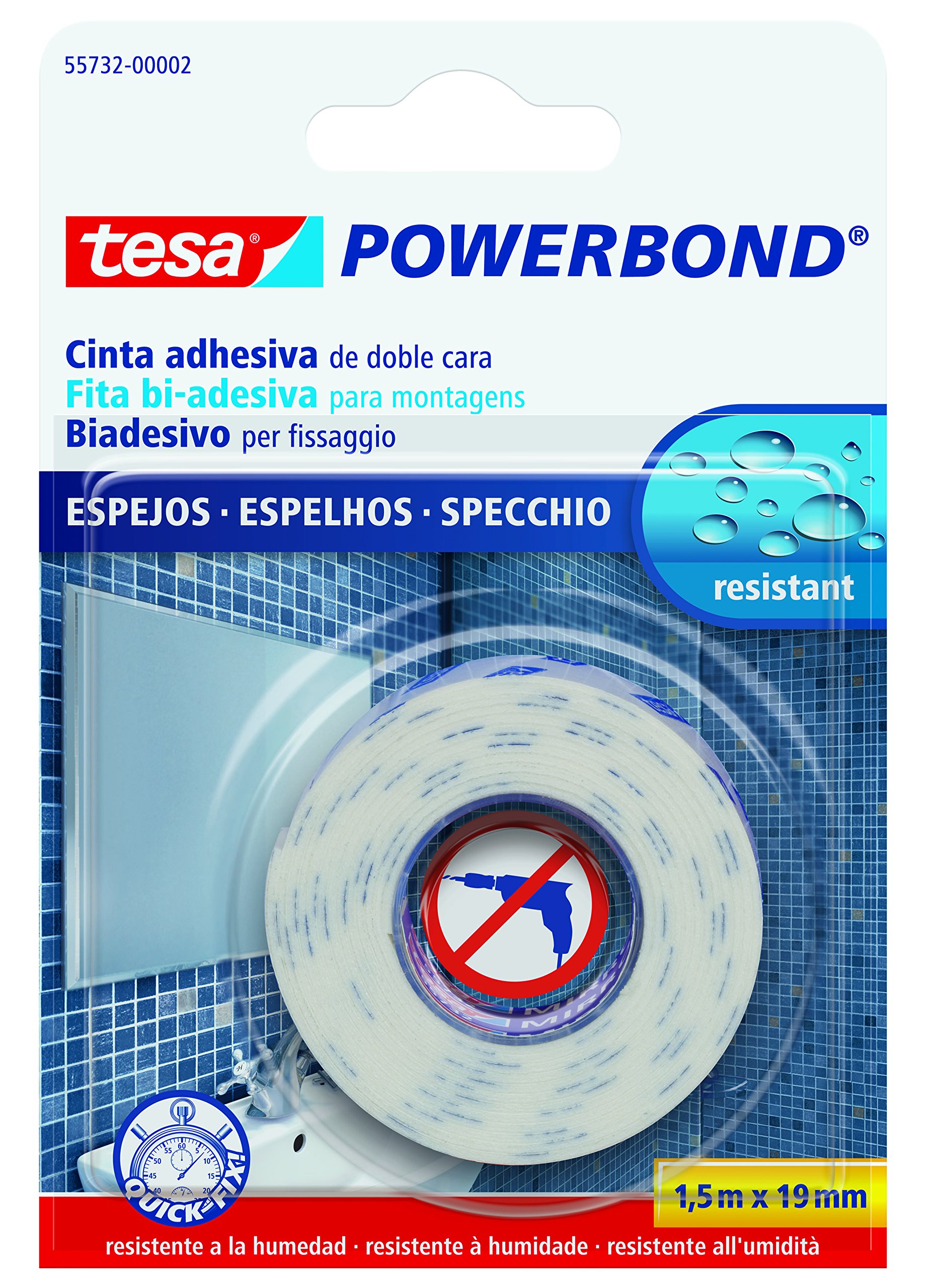 Nastro biadesivo per specchi Tesa  Powerbond - 1,5 mt x 19 mm - bianco - Tesa  -blister 1 pezzo