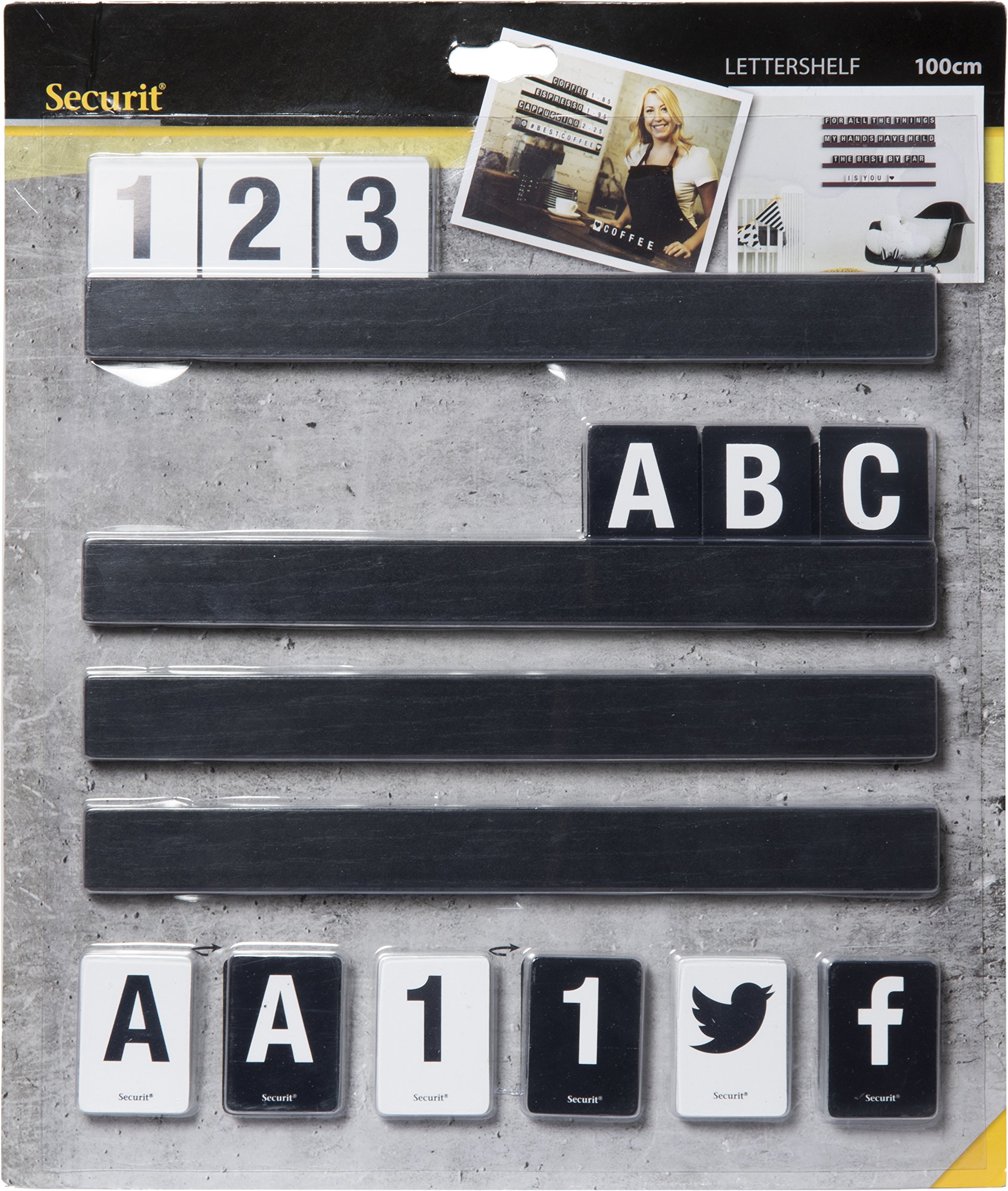 Kit Letter Shelf - mensola porta messaggi nera + 169 tessere (lettere e numeri) - Securit