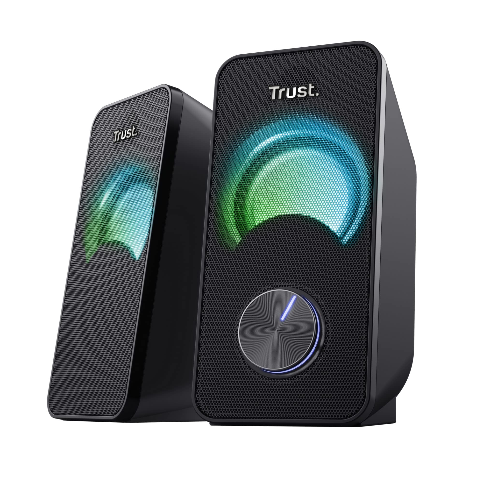 Set di altoparlanti RGB illuminati Trust, con tecnologia LED RGB per un'illuminazione personalizzabile e una migliore esperienza auditiva. 8713439231205 | initpc.it