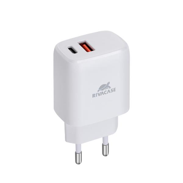 Caricatore da parete multifunzione, 20W di potenza, connettore USB-C e porta USB-A, compatibile con dispositivi PD, facile da installare sul muro, marchio Rivacase. 4260709013244 | initpc.it