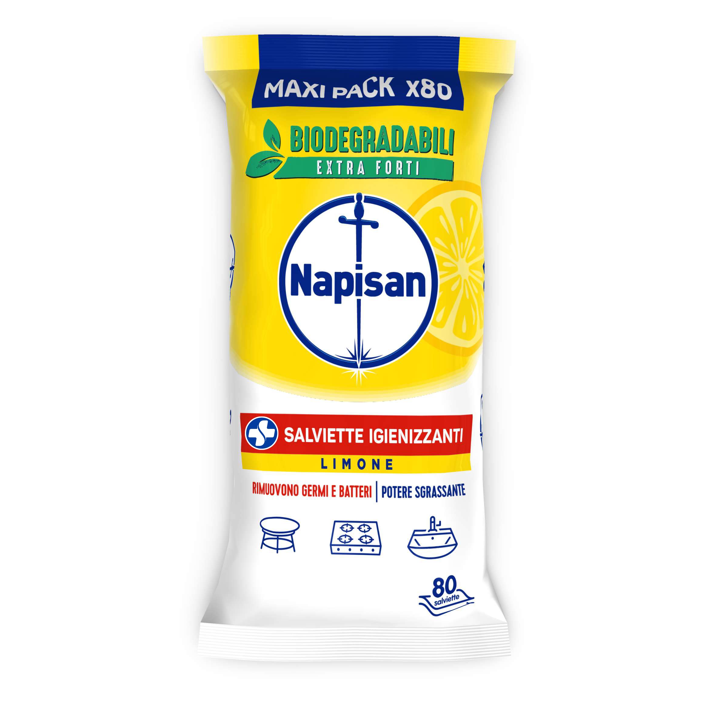 Salviette igienizzanti bio al limone Napisan maxi pack da 80 salviette