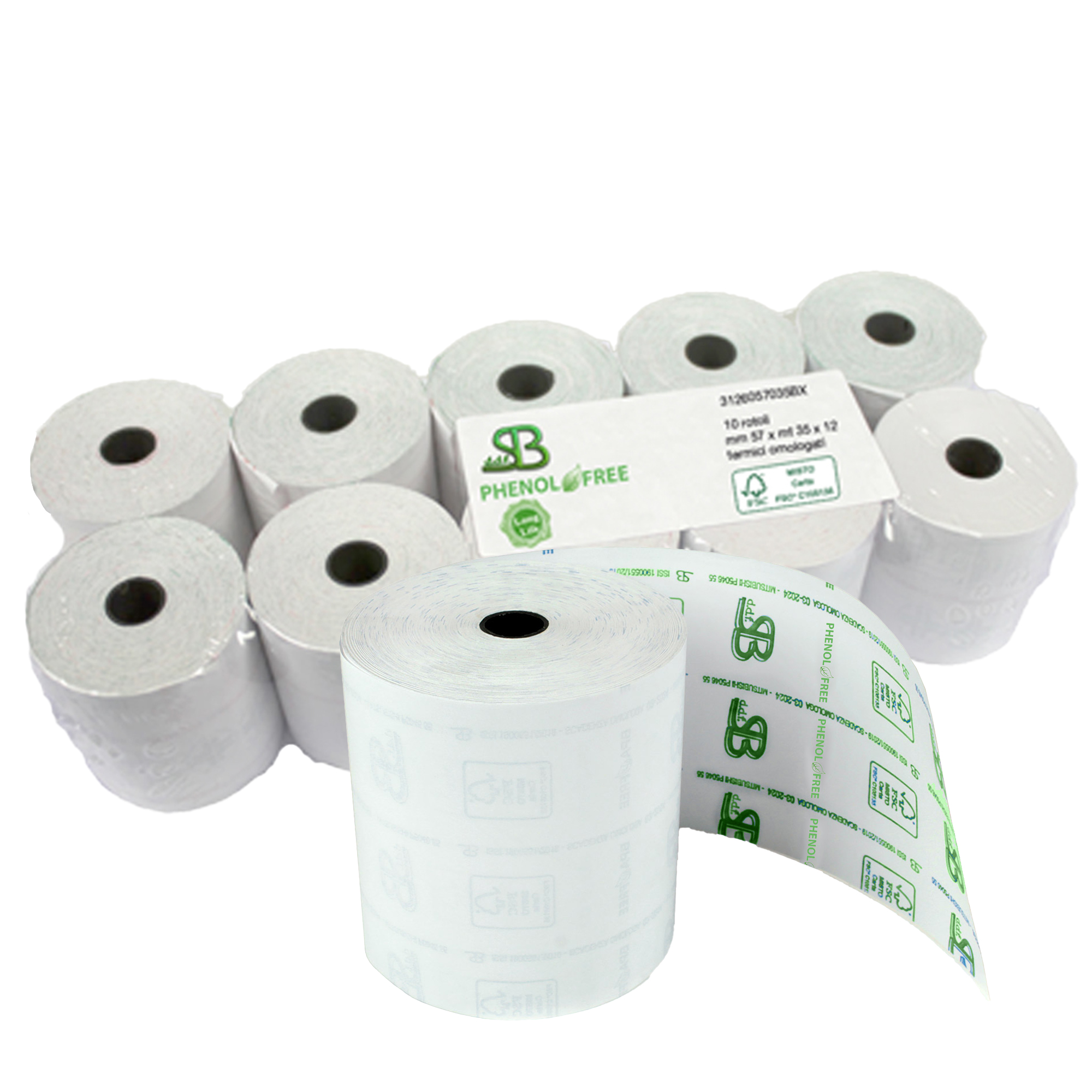 Blister contenente 10 rotoli di carta termica di lunga durata con dimensioni 59,5mm e una lunghezza di 60 metri ciascuno, marca SABACART. 8024828703006 | initpc.it