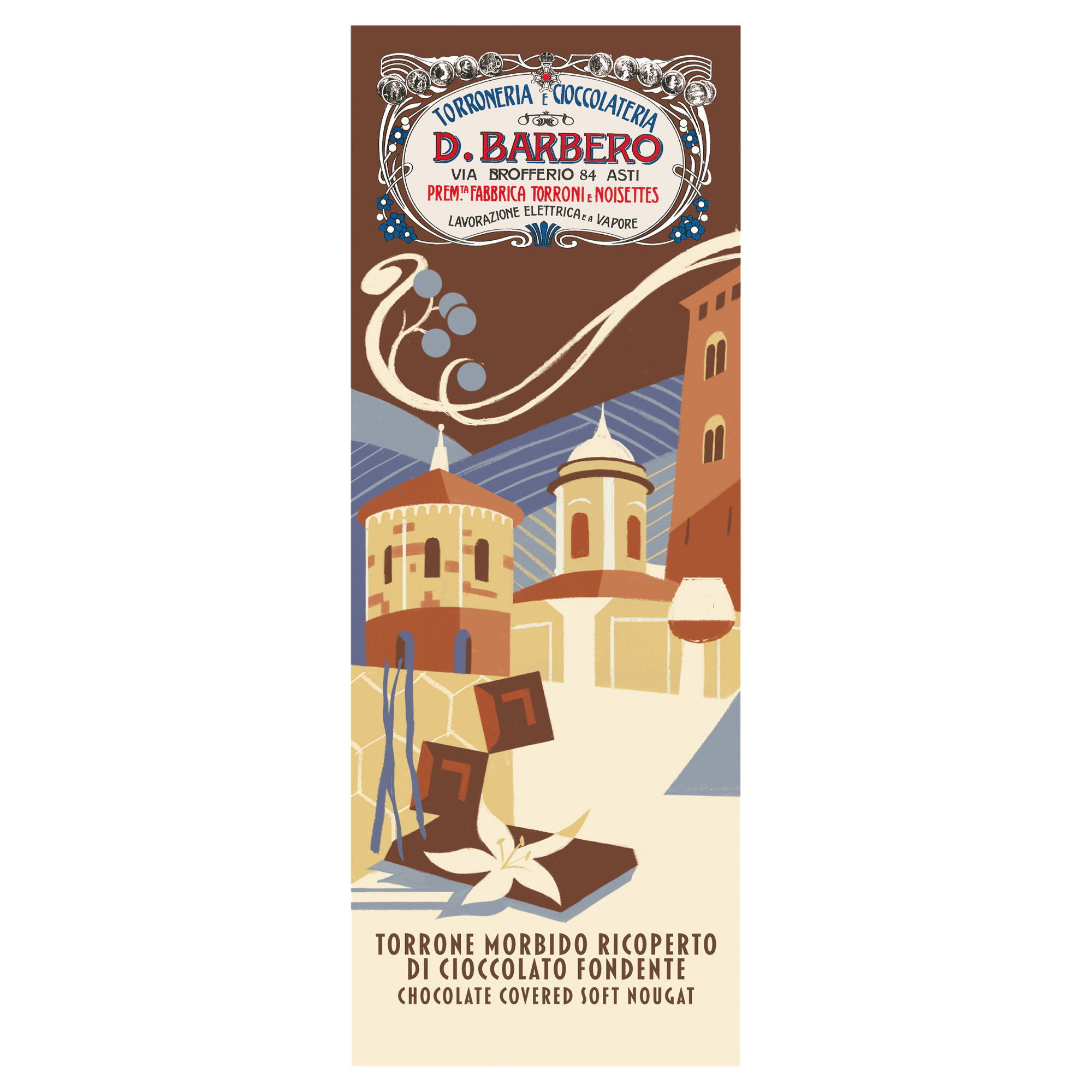 Tavoletta torrone morbido ricoperta di cioccolato, contenuta in un elegante astuccio da 170 grammi della nota marca D. Barbero 8000813013657 | initpc.it