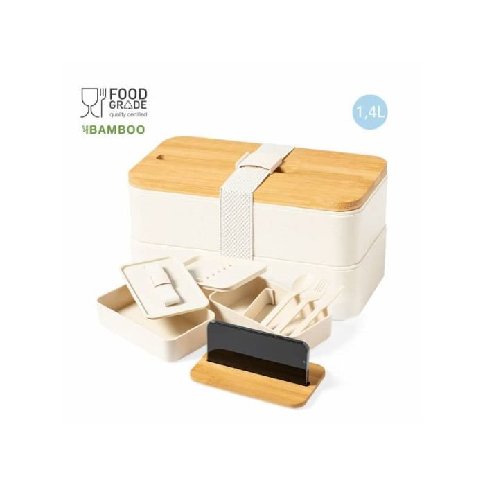 Lunch box Graftan a 2 scomparti con posate, porta smartphone e coperchio in bambù 1,4 L - 1479