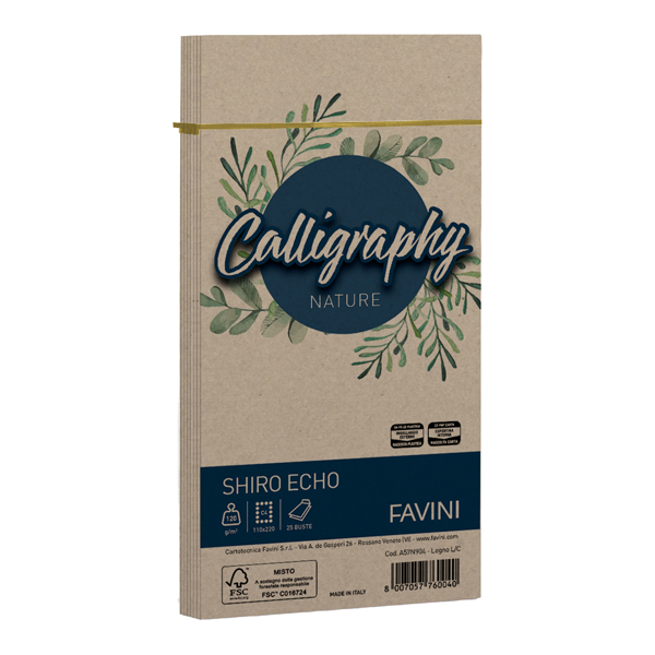 Busta Calligrafia Shiro Eco in carta di legno, dimensioni 110x220 mm e peso 120 g, confezione da 25 pezzi, prodotta dalla marca Favini. 8007057760040 | initpc.it