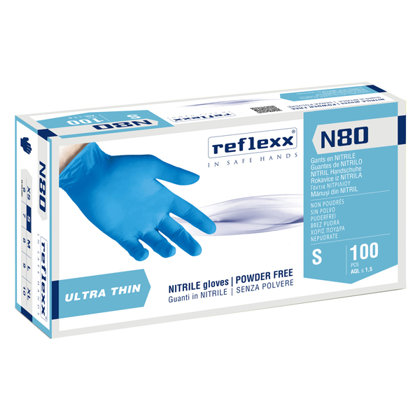 Guanti in nitrile ultrasottili con taglia S e colore azzurro, marchio Reflexx, confezione da 100 pezzi. 8032891631065 | initpc.it