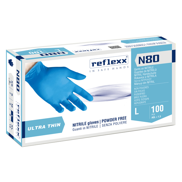 Guanti in nitrile N80B - ultrasottili - taglia L - azzurro - Reflexx - conf. 100 pezzi