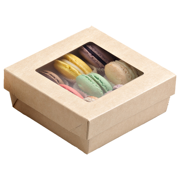 Scatola da asporto con finestra trasparente, misura 14x14x5cm, realizzata in carta kraft/PE, marchio Avana, con un design rappresentante il leone, confezione da 25 pezzi. 8024112002471 | initpc.it