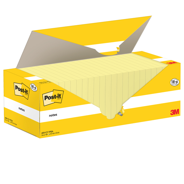 Cf. 18+6pz blocco 100fg.Post-it  Notes 76x127mm 655-CY-VP24 giallo Canary