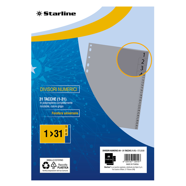 Divisore numerico in cartone rigido con 31 tacche, formato A4, stampato a piena pagina, colore grigio. 8025133129147 | initpc.it