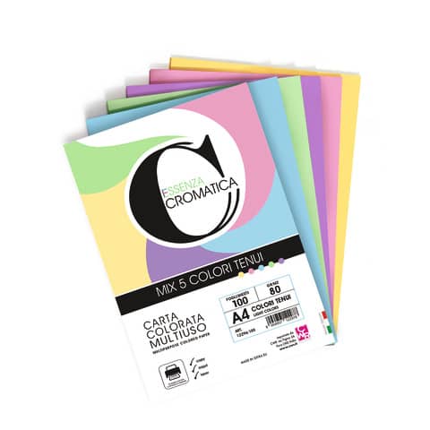 Carta colorata Cromatica CWR, 5 colori assortiti, formato A4, 100 fogli, 80 g/m², codice prodotto 12296/100. 8004957122961 | initpc.it