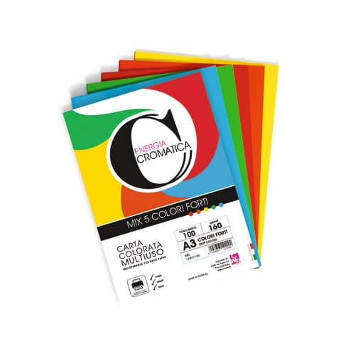 Carta colorata Cromatica CWR, formato A3, 100 fogli, 5 colori assortiti, peso 160 g. 8004957123074 | initpc.it