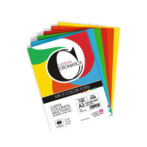 Carta colorata Cromatica CWR colori forti formato A3 100 ff - 5 colori assortiti 200 gr - 12311/100