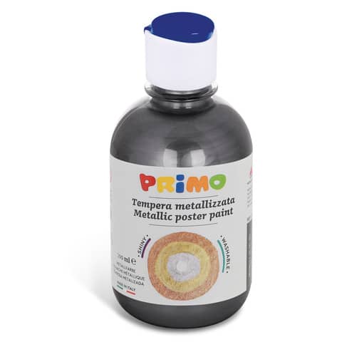 Tempera pronta metallizzata per la pittura ad acqua, contenuto 300ml, tappo misuratore in nero, marca Primo. 8006919306594 | initpc.it