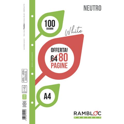 Ricambio quaderni ad anelli Rambloc formato A4 -32 ff +8 ff neutro 90524351