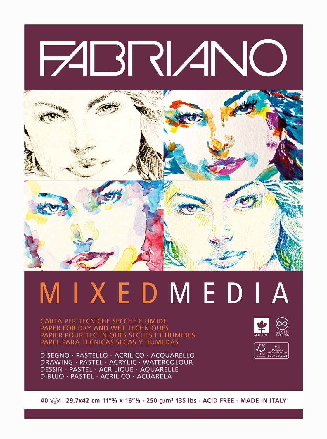 Blocco di cartaperonda Fabiano mixed media, formato A3, 40 fogli, peso 250g. Marca Fabriano. 8001348201267 | initpc.it