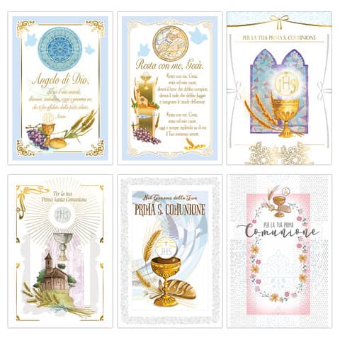 Biglietti augurali per la Prima Comunione, formato A4, contenente 6 pezzi assortiti in ogni confezione. Ideali come regalo per le bambine per il giorno della sua prima comunione. 8022315144448 | initpc.it