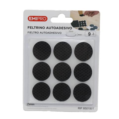 Feltrino adesivo tondo di 25 mm in nero, confezione da 9 pezzi, marchio Emi (ref. 8501501) 8052533415013 | initpc.it