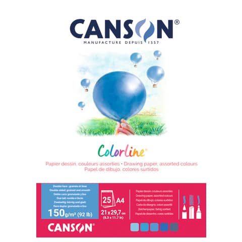 Album da disegno Canson Colorline con 25 fogli di carta acqua a 150 g/m², formato A4. 3148950044389 | initpc.it