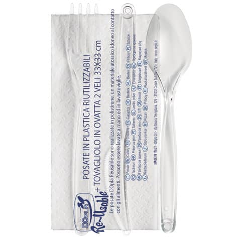 Set 3 posate polistirene trasparente con tovagliolo riutilizzabile 8005090022323