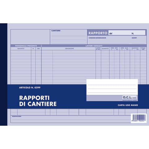 Blocco rapporti cantiere 50 fogli, formato 30x21 cm 8032611900457