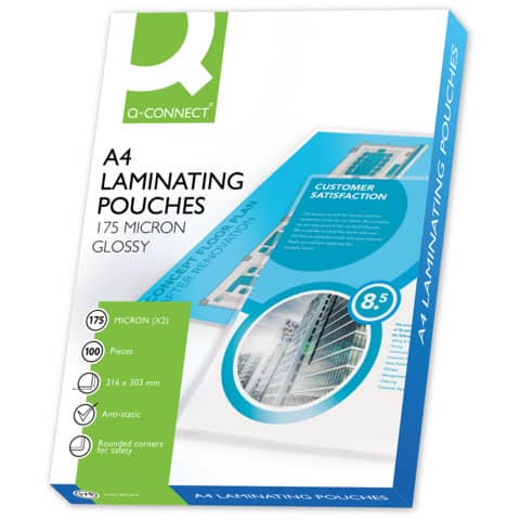 Pouches per plastificatrici Q-Connect di alta qualità con dimensione A4 e spessore 175 micron, disponibili in confezione da 100 pezzi. 5705831113428 | initpc.it