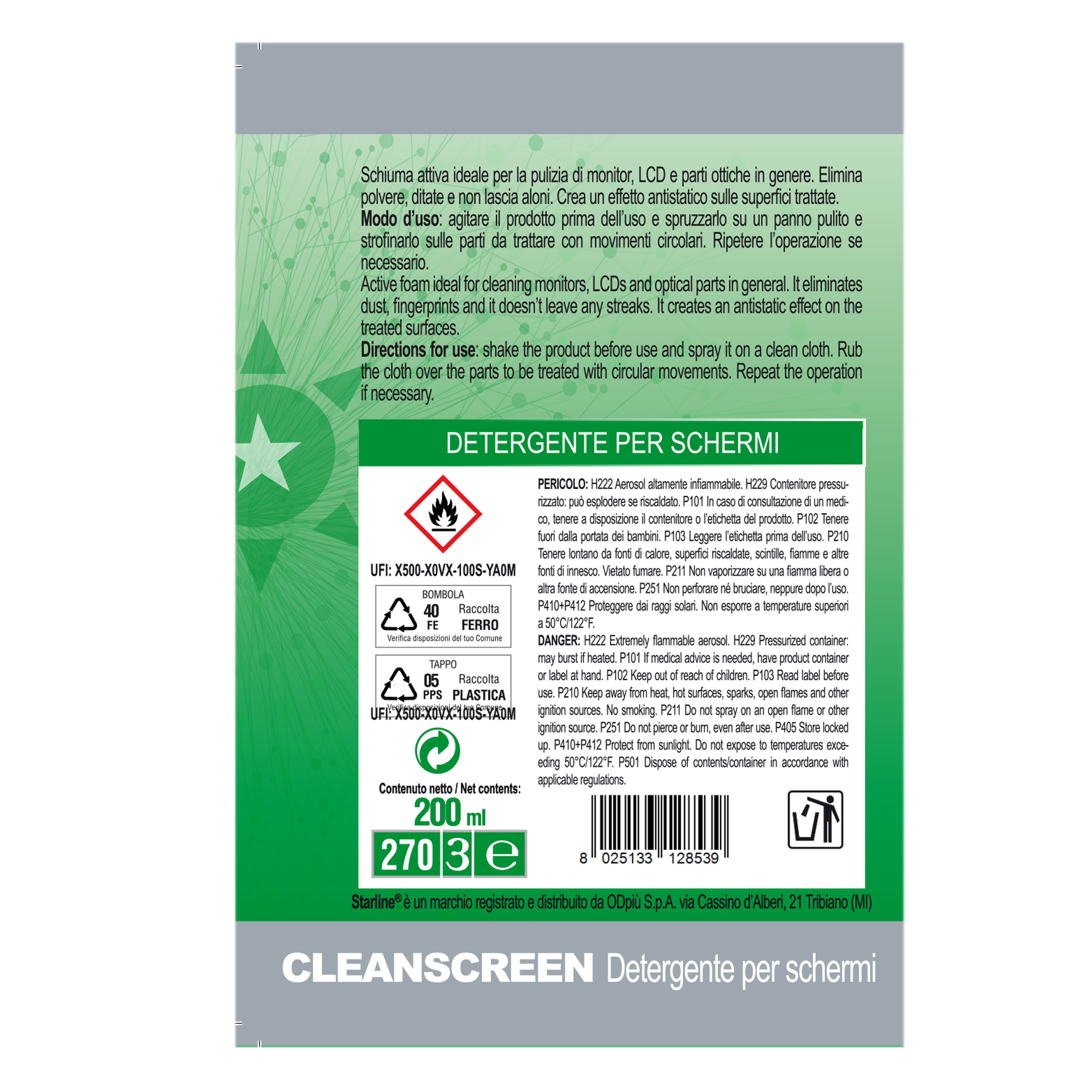 Detergente in schiuma Clean Screen, marca Starline, 200 ml. Utilizzato per pulire monitor e tastiere. 8025133128539 | initpc.it