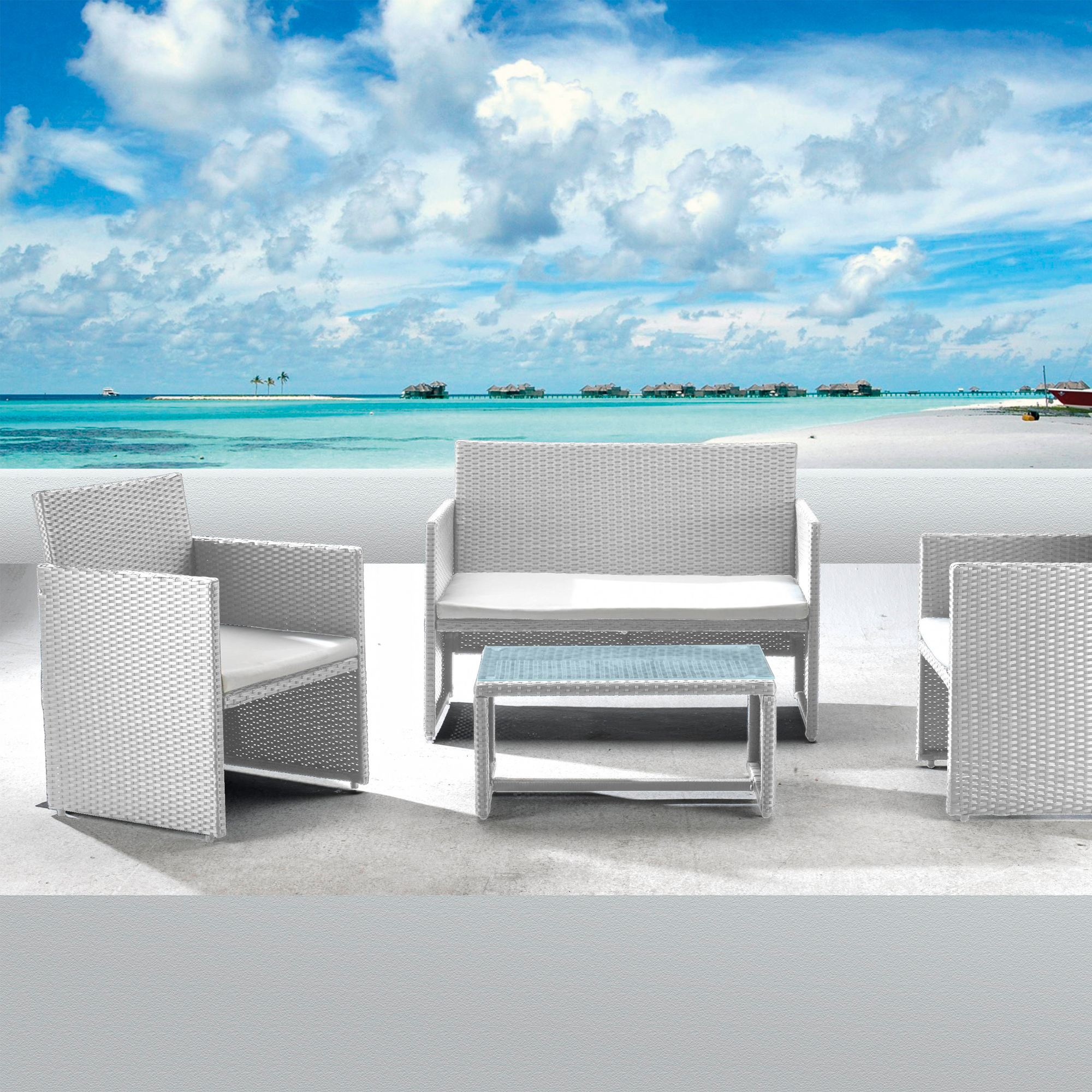 Salotto valencia polyrattan bianco grigio 4 pezzi giardino 8023755045890