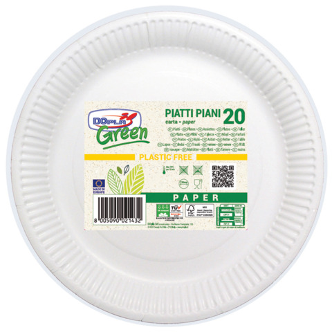 Piatti piani dopla green ø 230 mm bianchi in fibra vergine venti pezzi 8005090021432