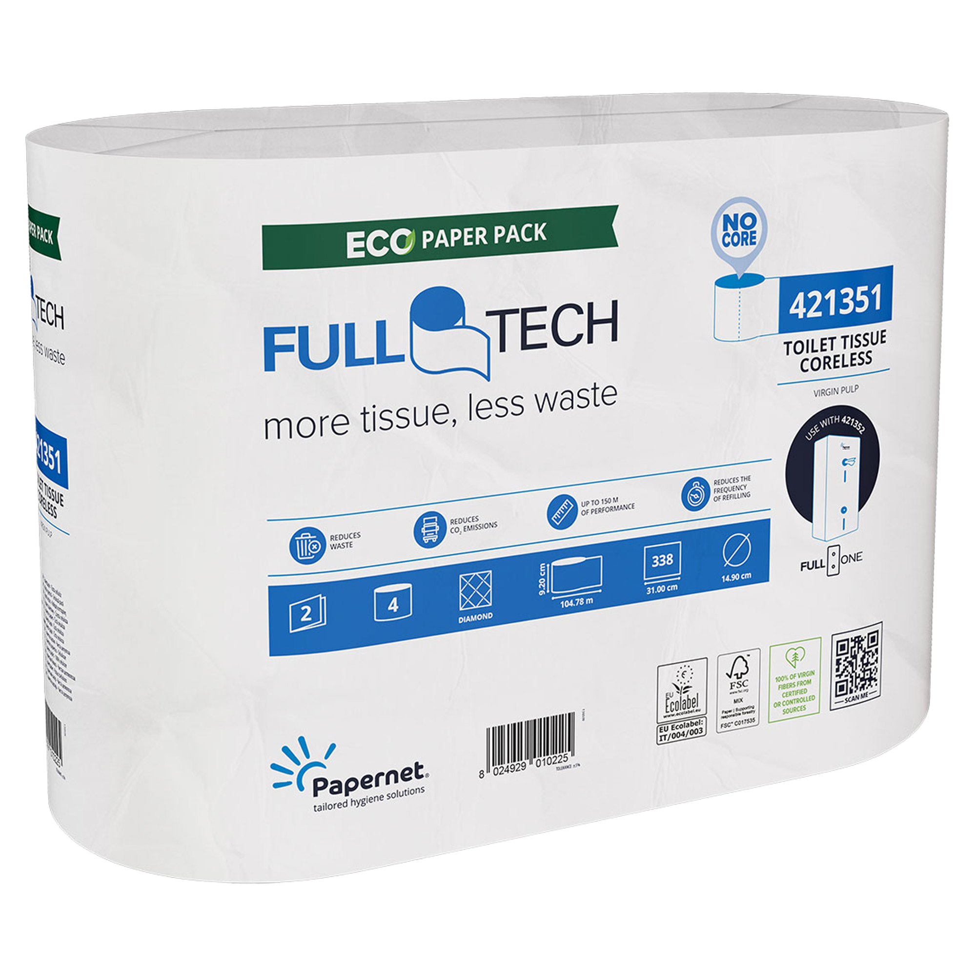Carta igienica fulltech 104m bianca 4 rotoli senza anima cellulosa 8024929010232