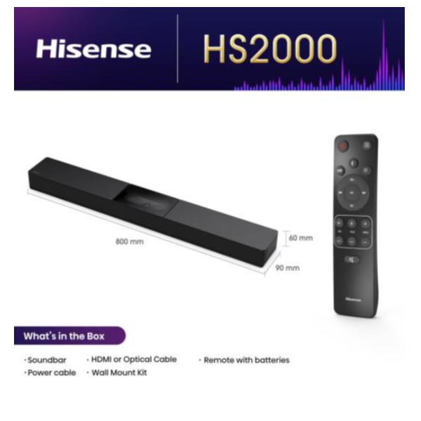 Soundbar hs2000 2.1 canali dolby bluetooth 240w hisense 6942351411514