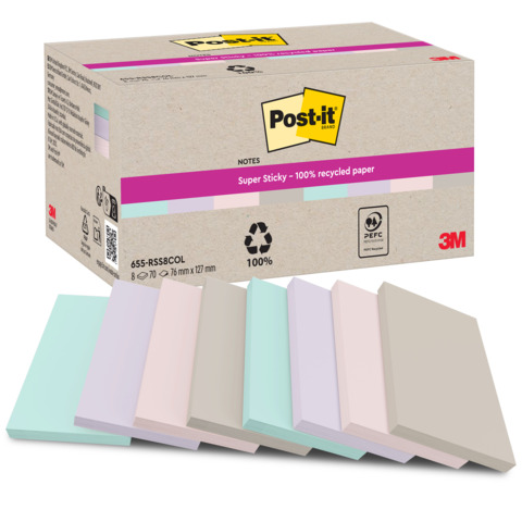Foglietti riposizionabili Post-it® Super Sticky in carta riciclata 76x127 mm - colori assortiti - conf. 8 blocch/70 ff