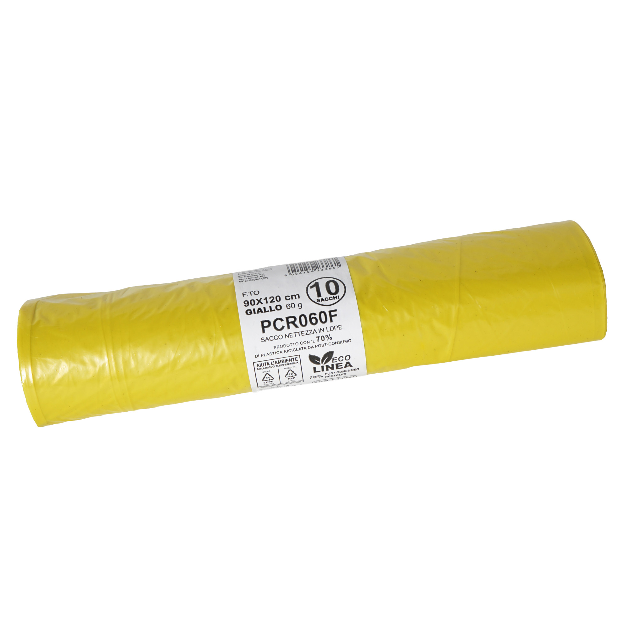 Sacco rifiuti - PCR - 90 x 120 cm - 120 L - 60 gr - giallo -Bio Extrusion - conf. 10 pezzi