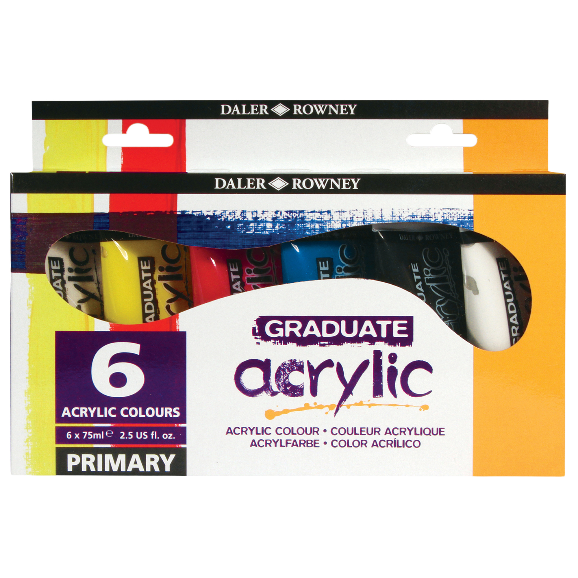 Colore acrilico fine Graduate - 75 ml - colori primari assortiti - Daler Rowney - 6 pezzi
