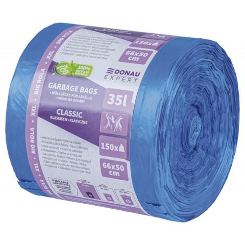 Sacchi immondizia per rifiuti inorganici Donau Expert 35 L 66x50 cm - 20 µm blu - rotolo 150 pz - 22384619-01